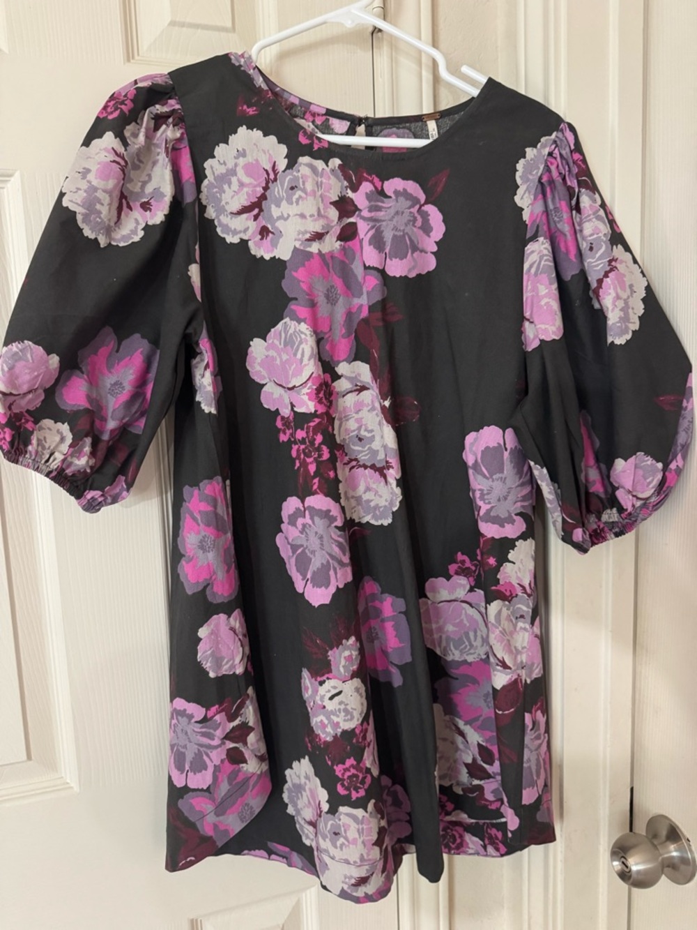 Free People Black Floral Puff Sleeve Dress with Pink & Lavender Blooms